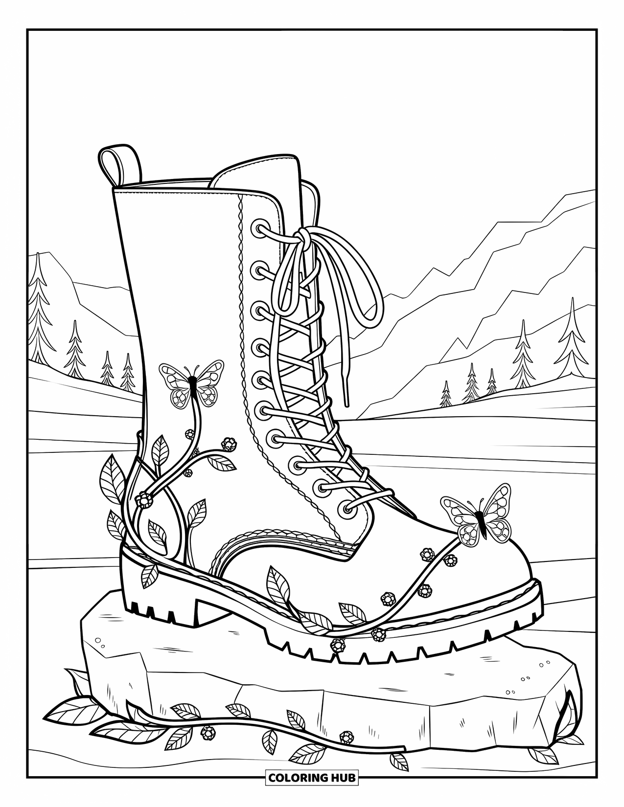 Shoe Coloring Page for Adults: A fantasy-inspired boot with vines, butterflies, and gemstone details rests on a stone