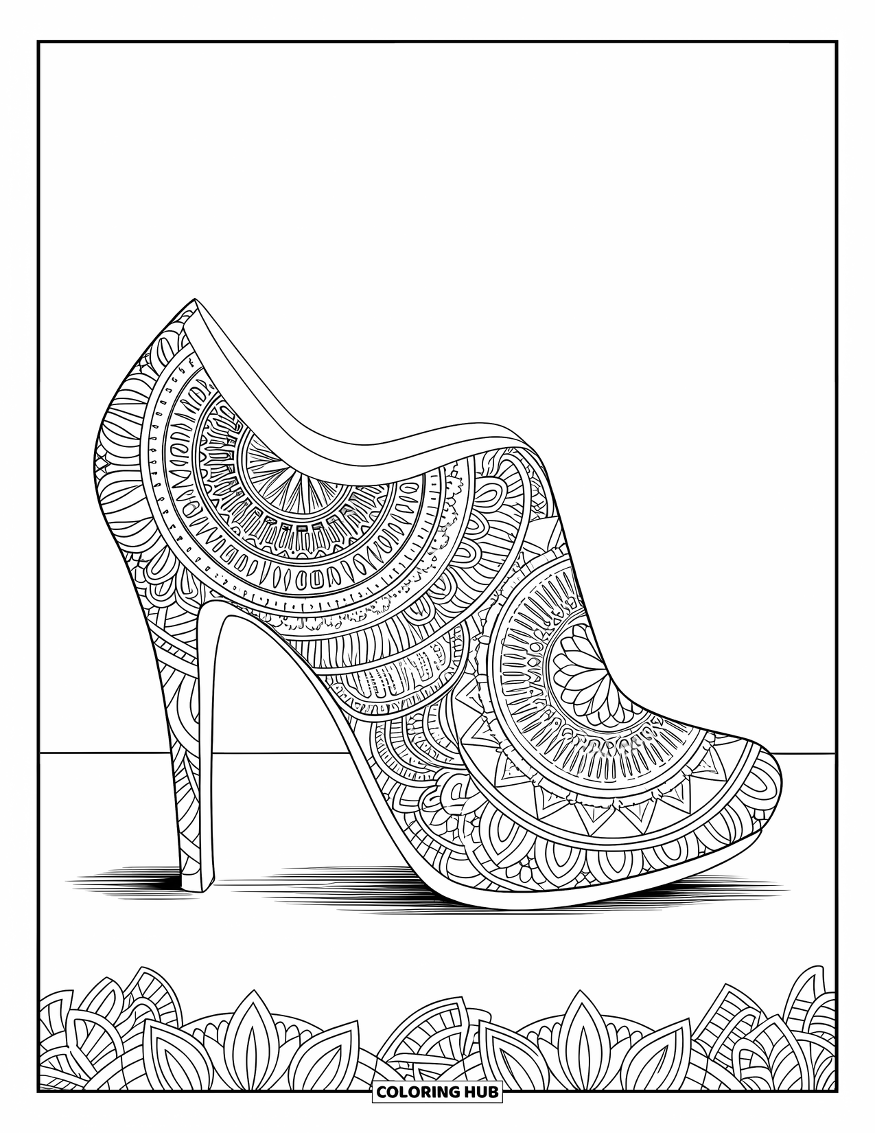 Shoe Coloring Page for Adults: A fashionable high heel with intricate mandala designs covers the entire surface of the shoe
