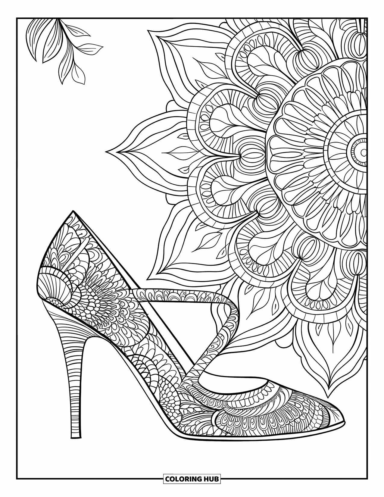 Shoe Coloring Page for Adults: A high-heeled shoe with a sturdy heel and a mandala design features floral and leaf patterns