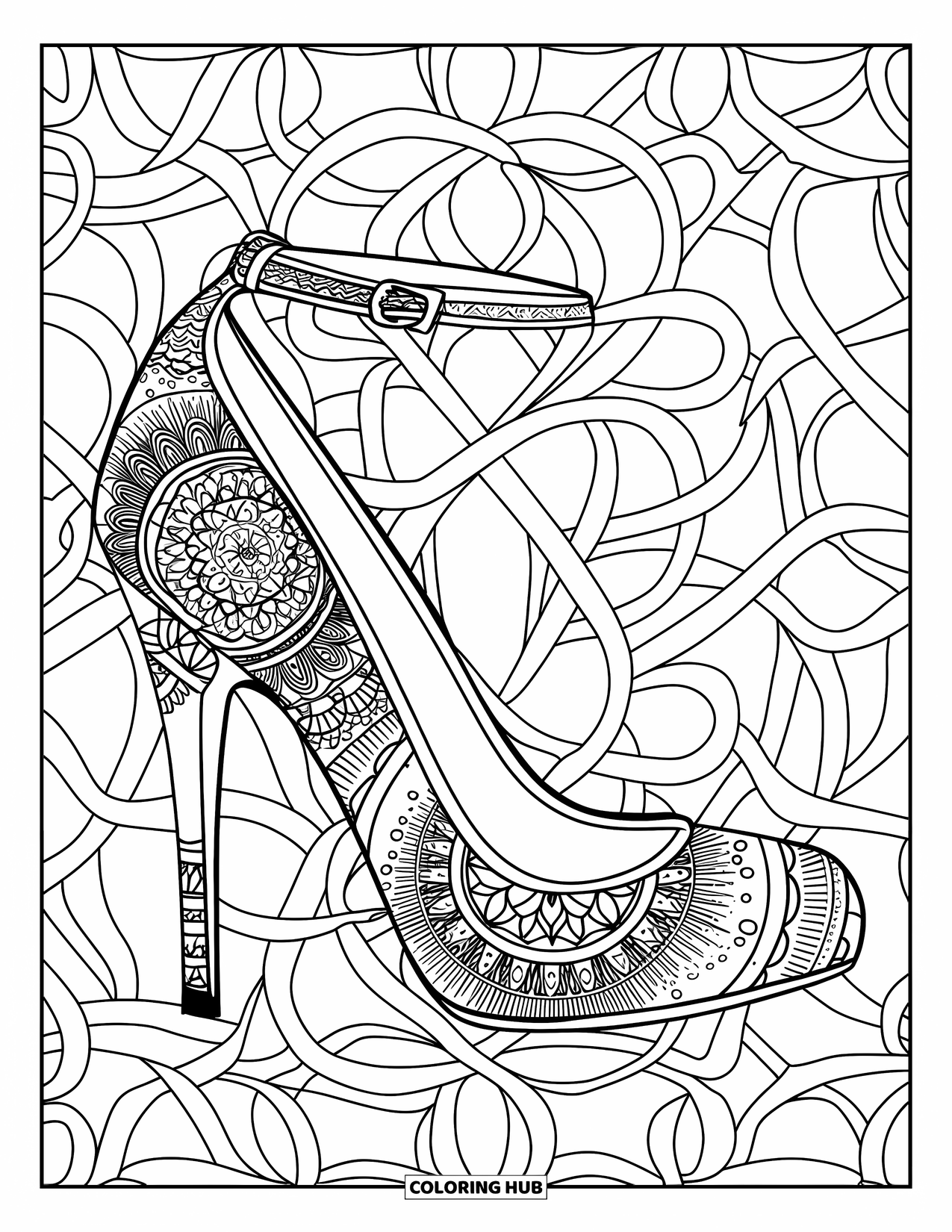 Shoe Coloring Page for Adults: A high-heeled shoe with elaborate mandala patterns sits against a decorative circular background