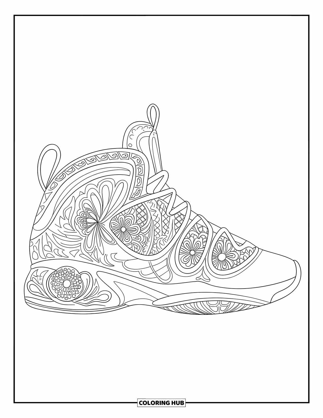Shoe Coloring Page for Adults: A highly detailed sneaker with floral fabric patterns and artistic sole designs is ready for coloring