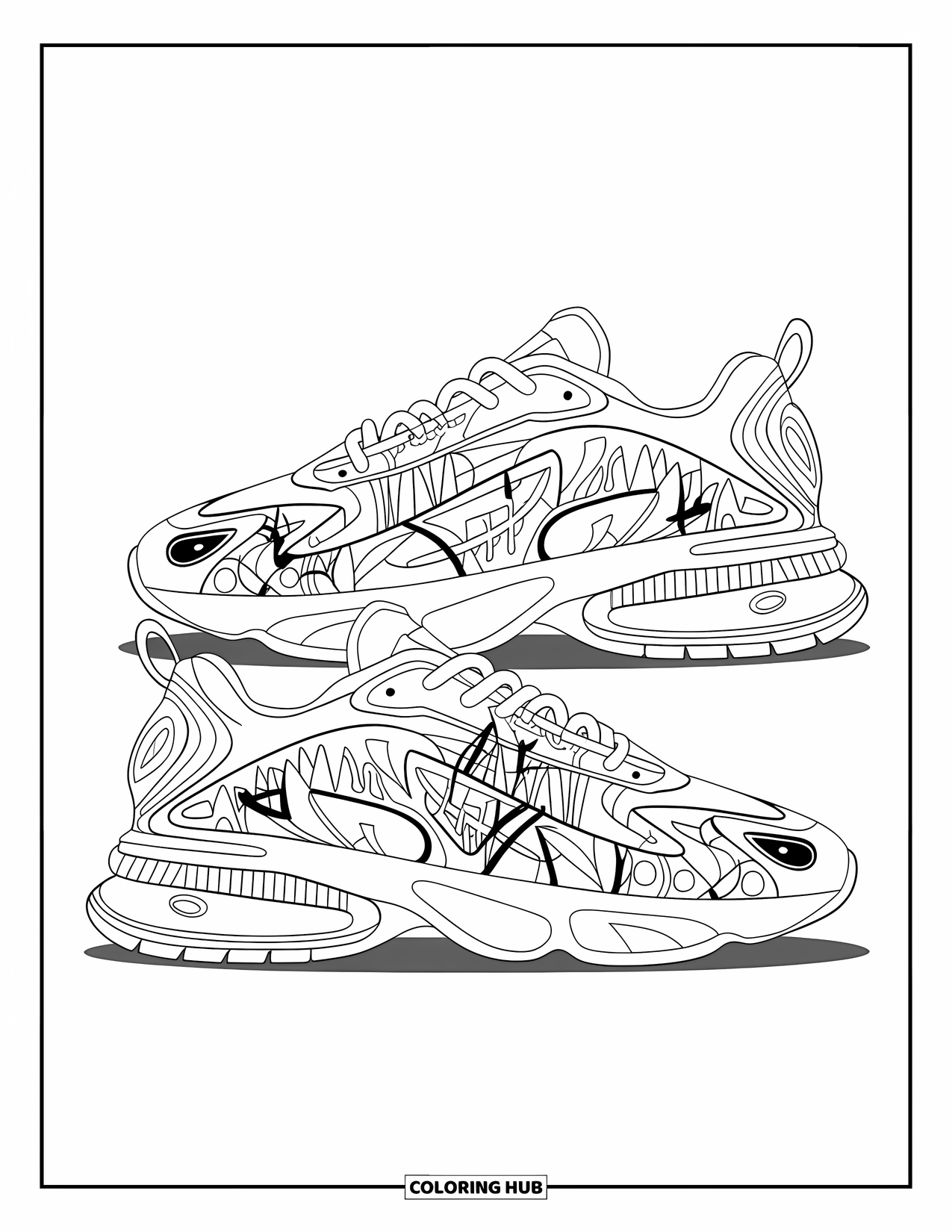 Shoe Coloring Page for Adults: A modern sneaker with bold streetwear graffiti designs stands against a clean background