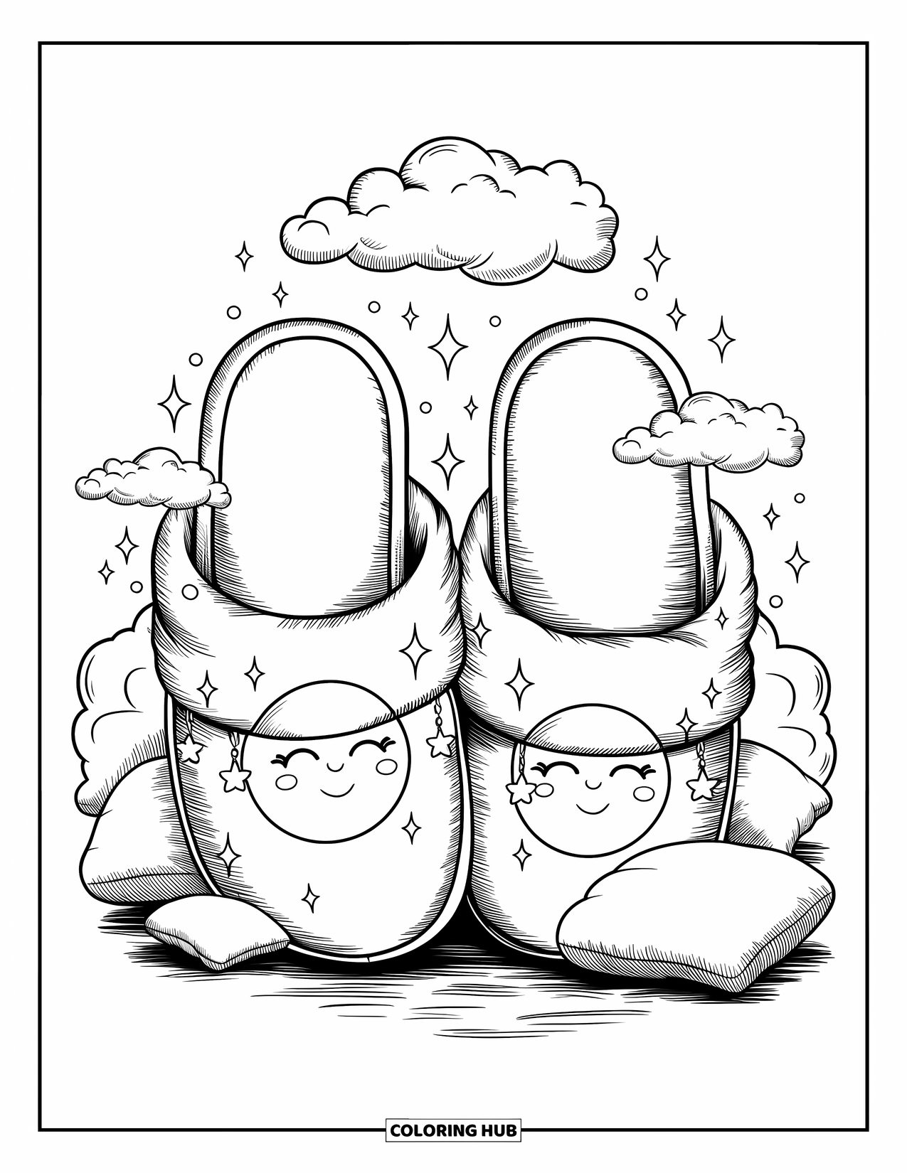 Shoe Coloring Page for Adults: A pair of cozy slippers with a smiling moon design, fluffy pillows, and dreamy floating clouds