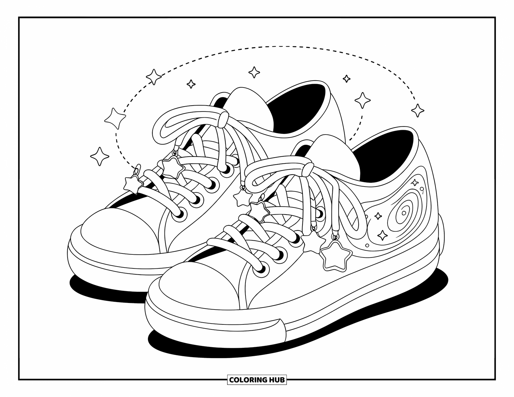 Shoe Coloring Page for Adults: A pair of cute sneakers with star charms, a galaxy swirl pattern, and twinkling moons