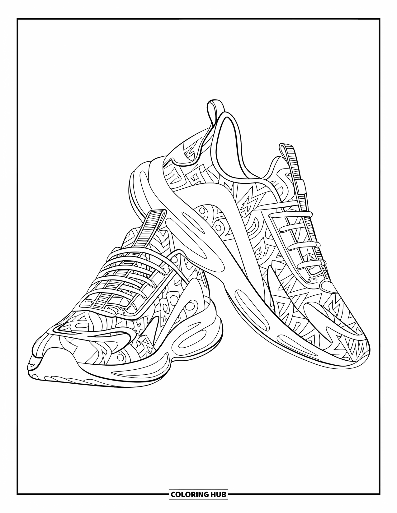 Shoe Coloring Page for Adults: A pair of designer sneakers with a graffiti-style pattern sits on a white background