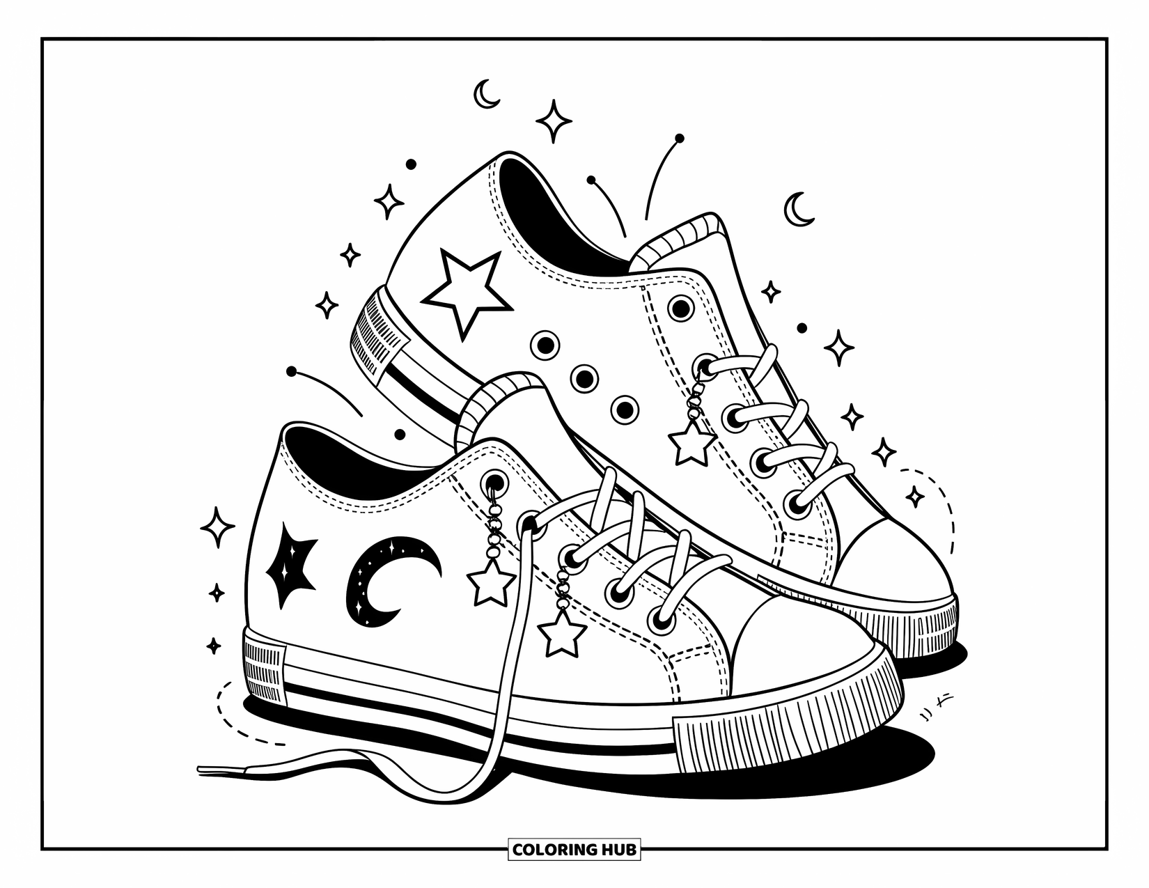 Shoe Coloring Page for Adults: A pair of oversized sneakers with star charms, galaxy patterns, and floating moons around them