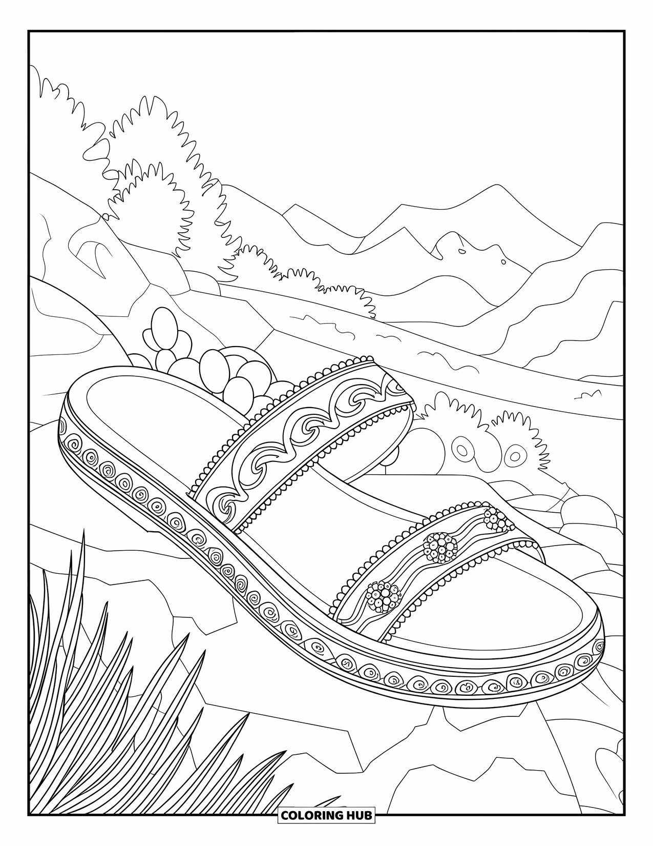 Shoe Coloring Page for Adults: A patterned sandal with wave-like designs rests in a scenic mountain landscape