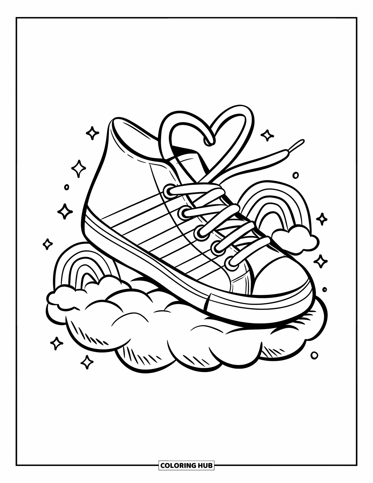 Shoe Coloring Page for Adults: A rainbow sneaker floating on a fluffy cloud with heart-shaped laces, rainbows, and twinkling stars