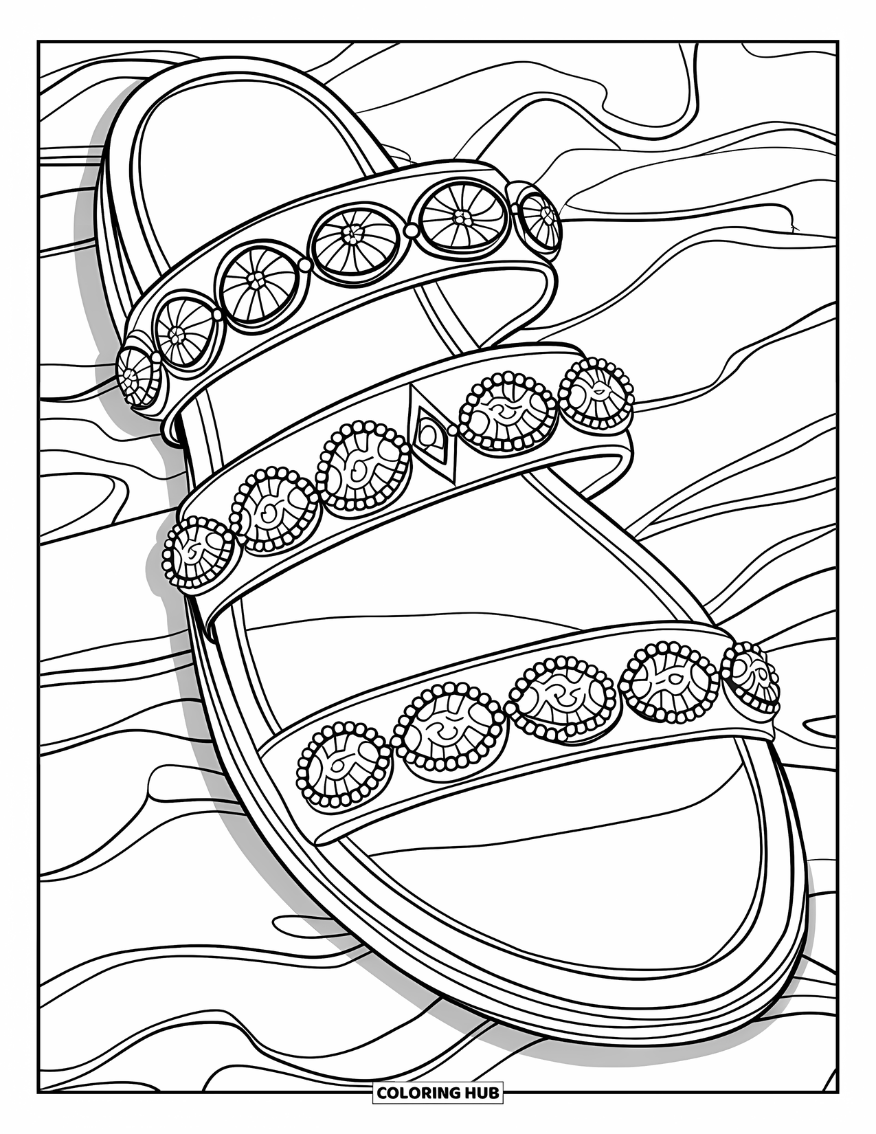 Shoe Coloring Page for Adults: A sandal with paisley patterns and beadwork rests on a textured surface