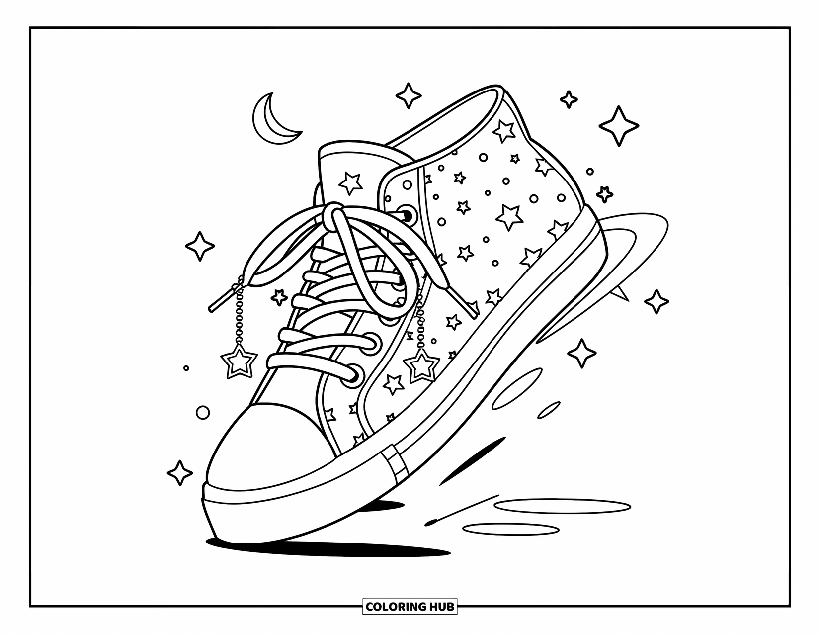 Shoe Coloring Page for Adults: A sneaker with a galaxy design, star charms, and tiny moons floating around it