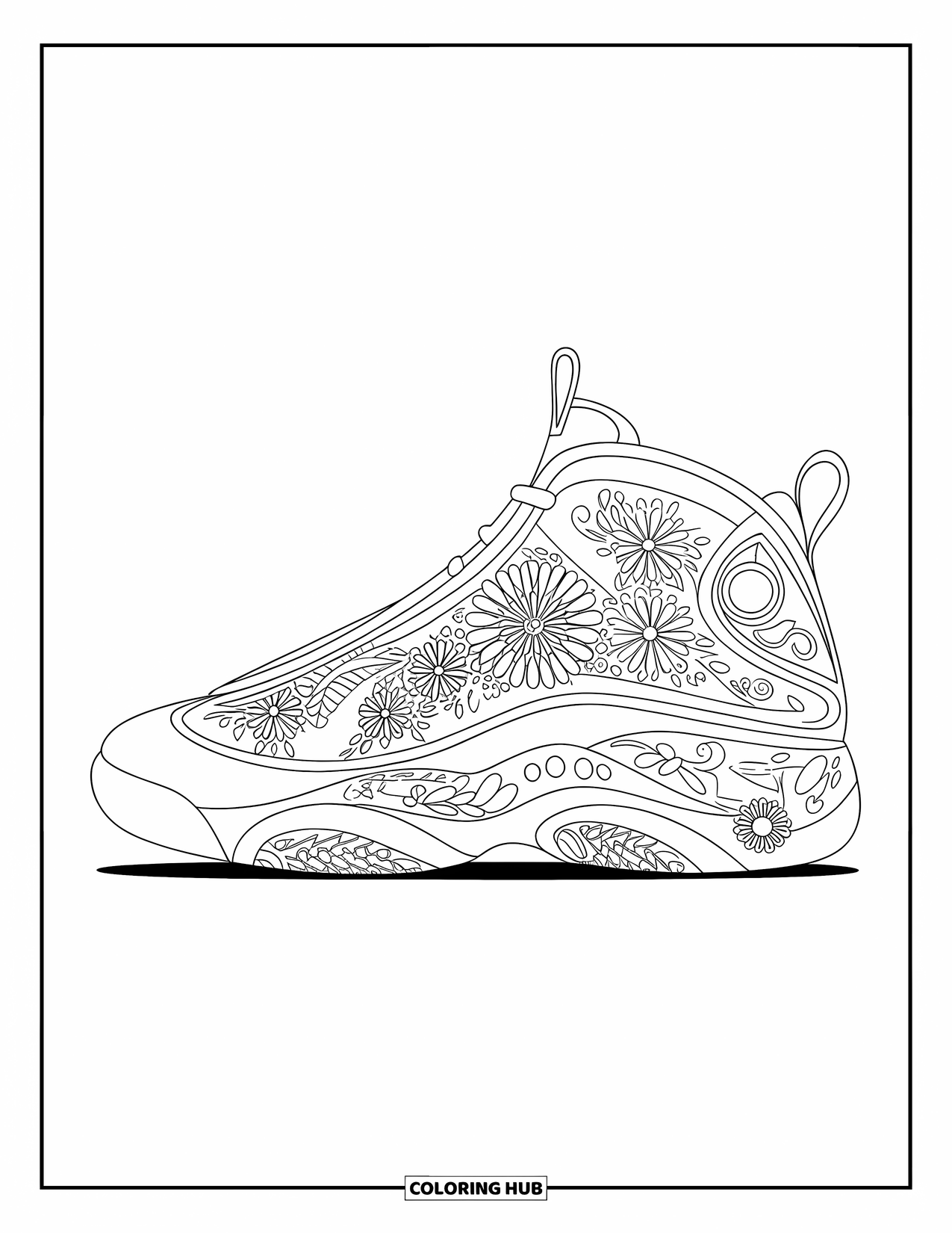 Shoe Coloring Page for Adults: A sneaker with intricate floral designs and decorative elements on the sole sits on a plain background
