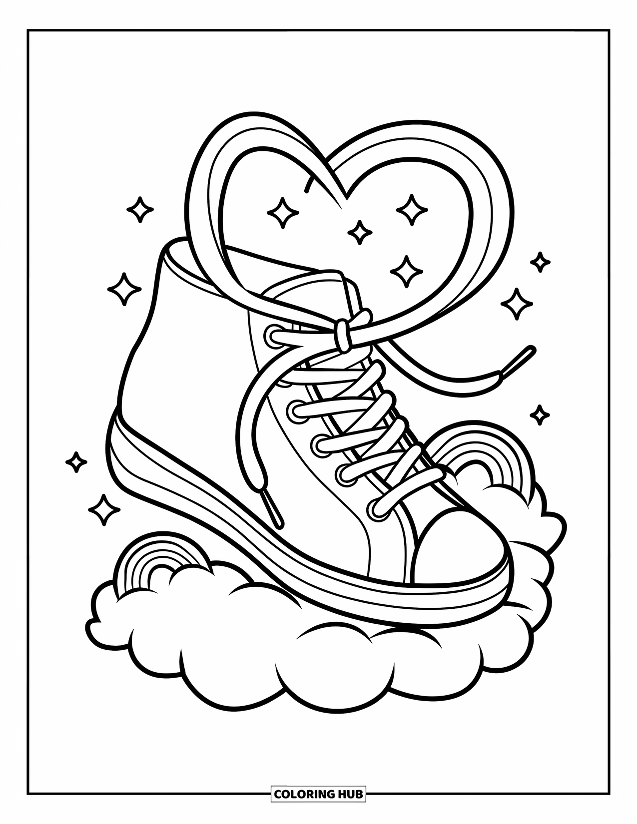 Shoe Coloring Page for Adults: A sneaker with rainbow stripes, heart-shaped laces, and stars floating on a fluffy cloud