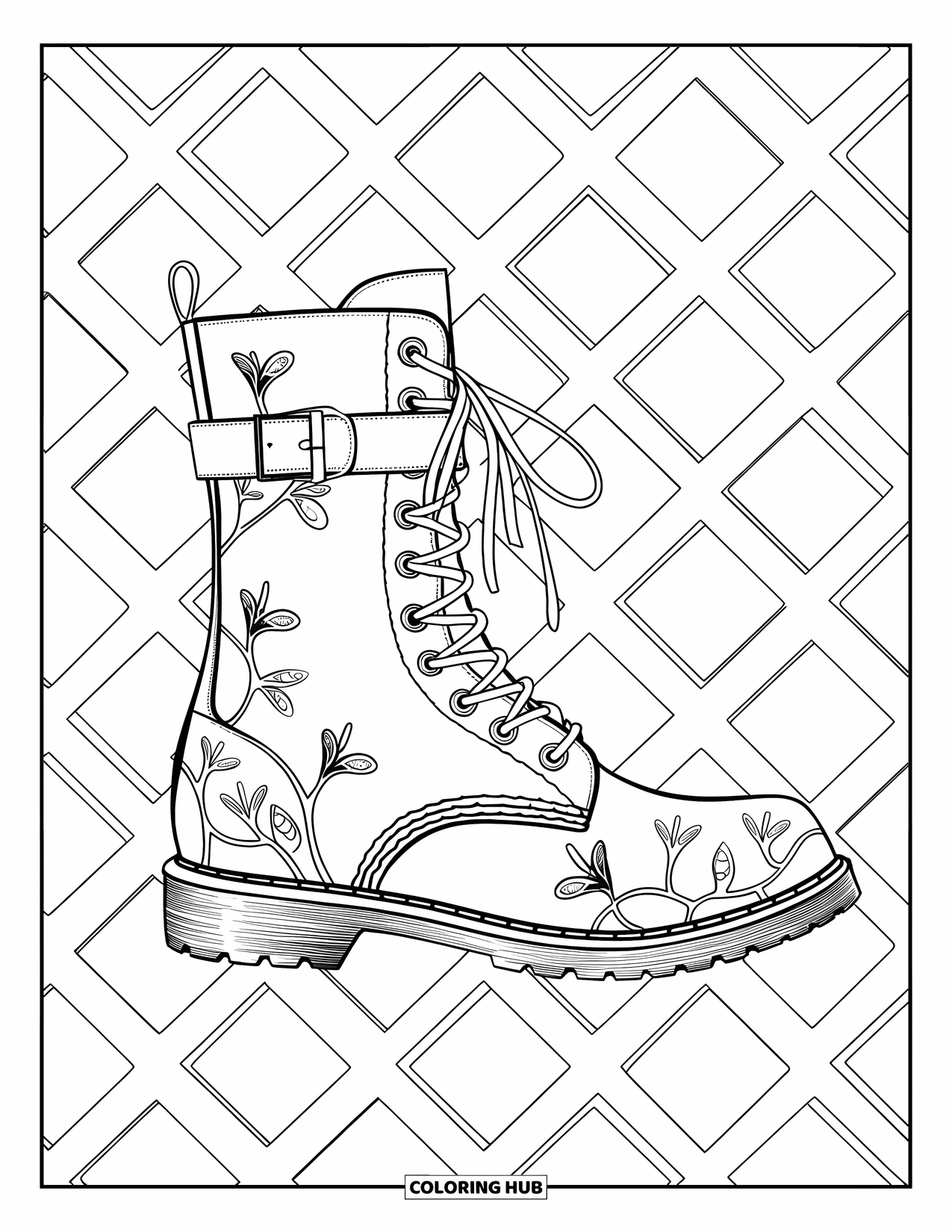 Shoe Coloring Page for Adults: A stylish boot with vine patterns, butterflies, and gemstone details stands against a geometric backdrop