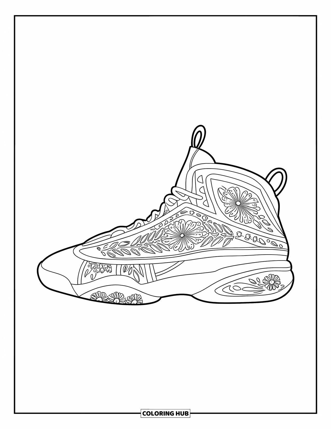 Shoe Coloring Page for Adults: A stylish sneaker with woven floral patterns and detailed soles is set on a white background