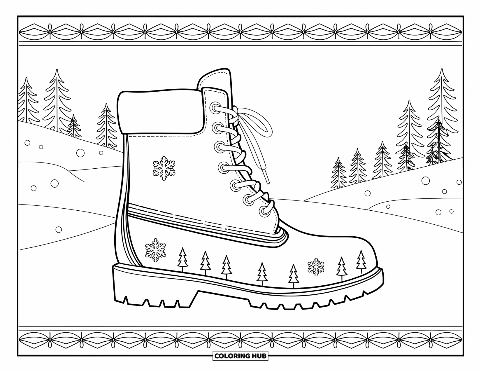 Shoe Coloring Page for Adults: A stylish winter boot with intricate engravings stands against a snowy backdrop