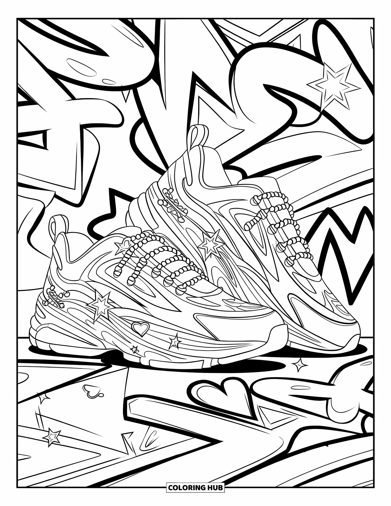 Shoe Coloring Page for Adults: A trendy sneaker with intricate graffiti details features stars, hearts, and bold patterns