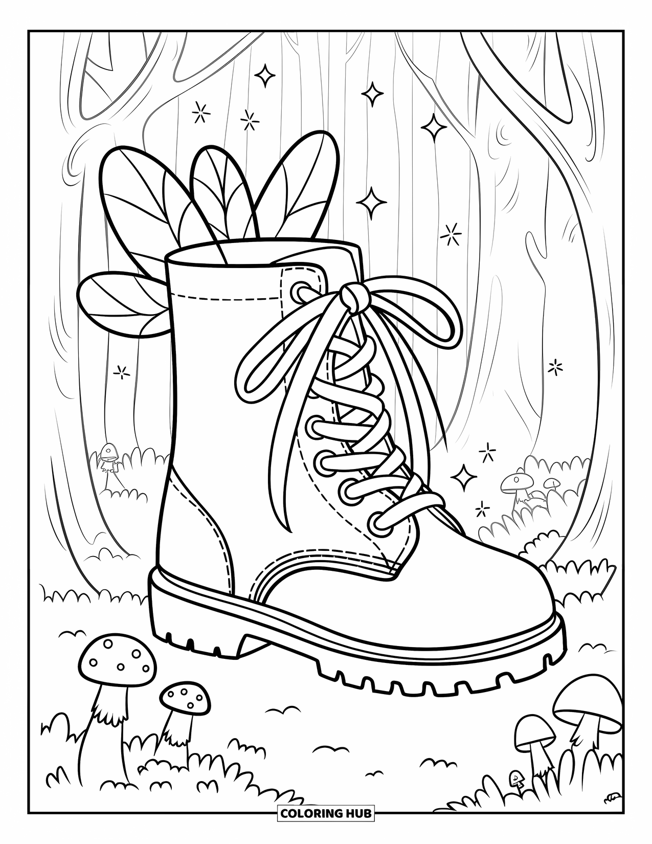 Shoe Coloring Page for Adults: A whimsical fairy boot with wings, ribbon laces, and tiny stars in a magical forest