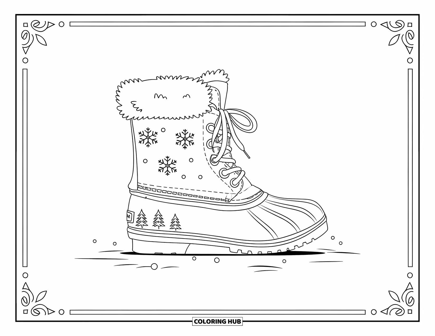 Shoe Coloring Page for Adults: A winter boot with snowflake designs and pine trees stands on a snowy ground