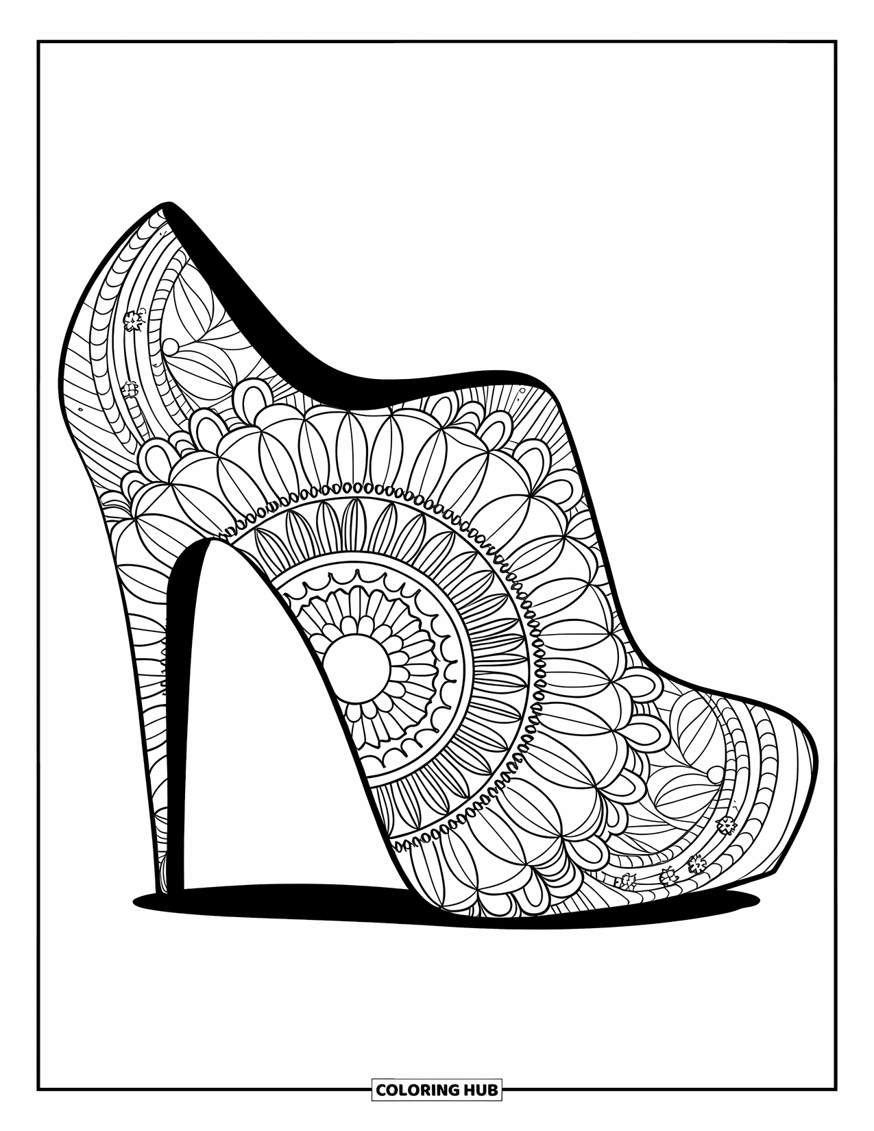 Shoe Coloring Page for Adults: An artistic high heel with a detailed mandala pattern blends fashion with mindfulness