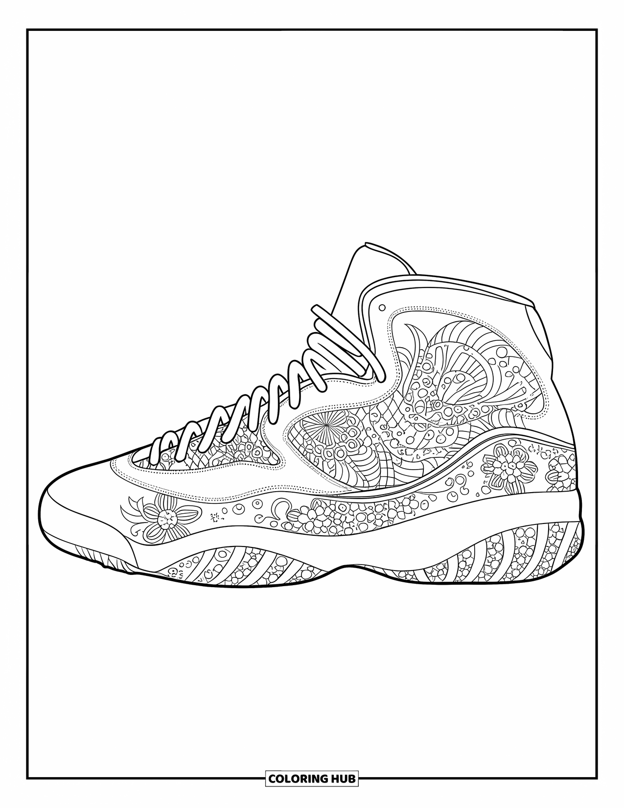 Shoe Coloring Page for Adults: An artistic sneaker with laces, floral engravings, and a padded collar rests on a simple backdrop