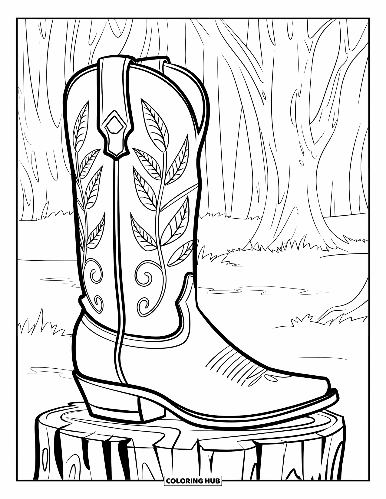 Shoe Coloring Page for Adults: An ornate cowboy boot with decorative patterns rests on a wooden stump in a forest