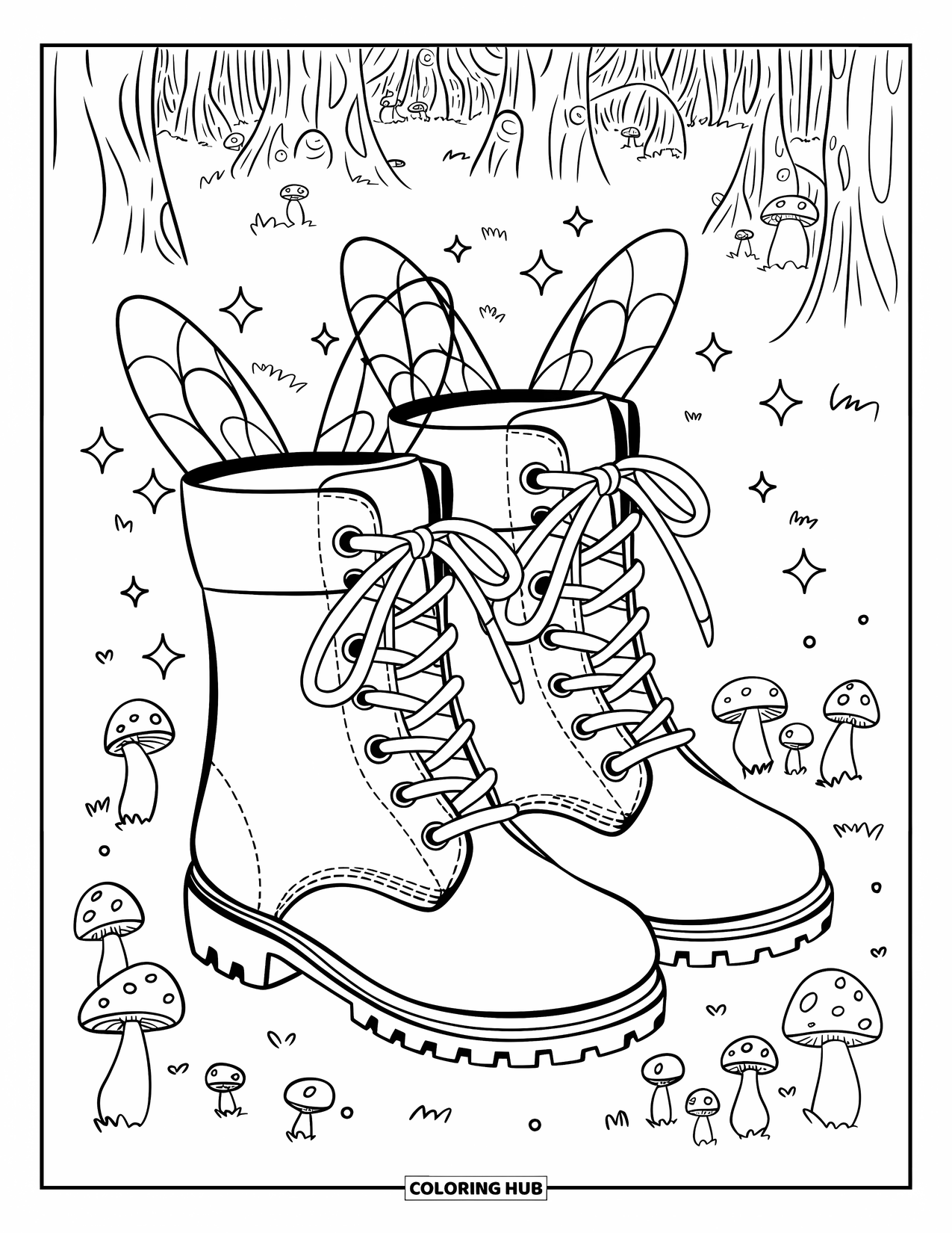 Shoe Coloring Page for Adults: Fairy boots with delicate wings, ribbon bows, and floating stars in an enchanted forest