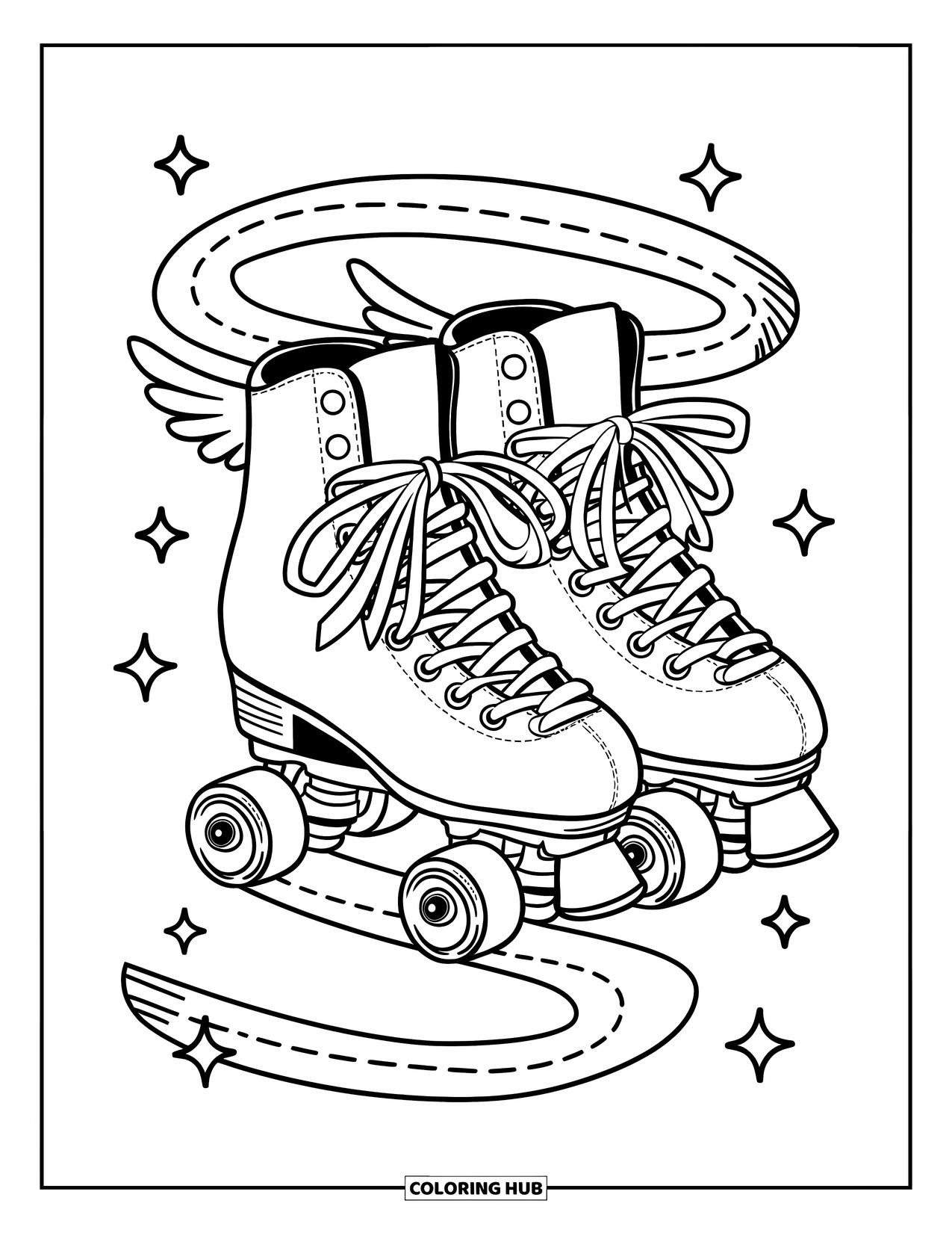 Shoe Coloring Page for Adults: Magical roller skates with tiny wings, expressive eyes, and twinkling stars all around