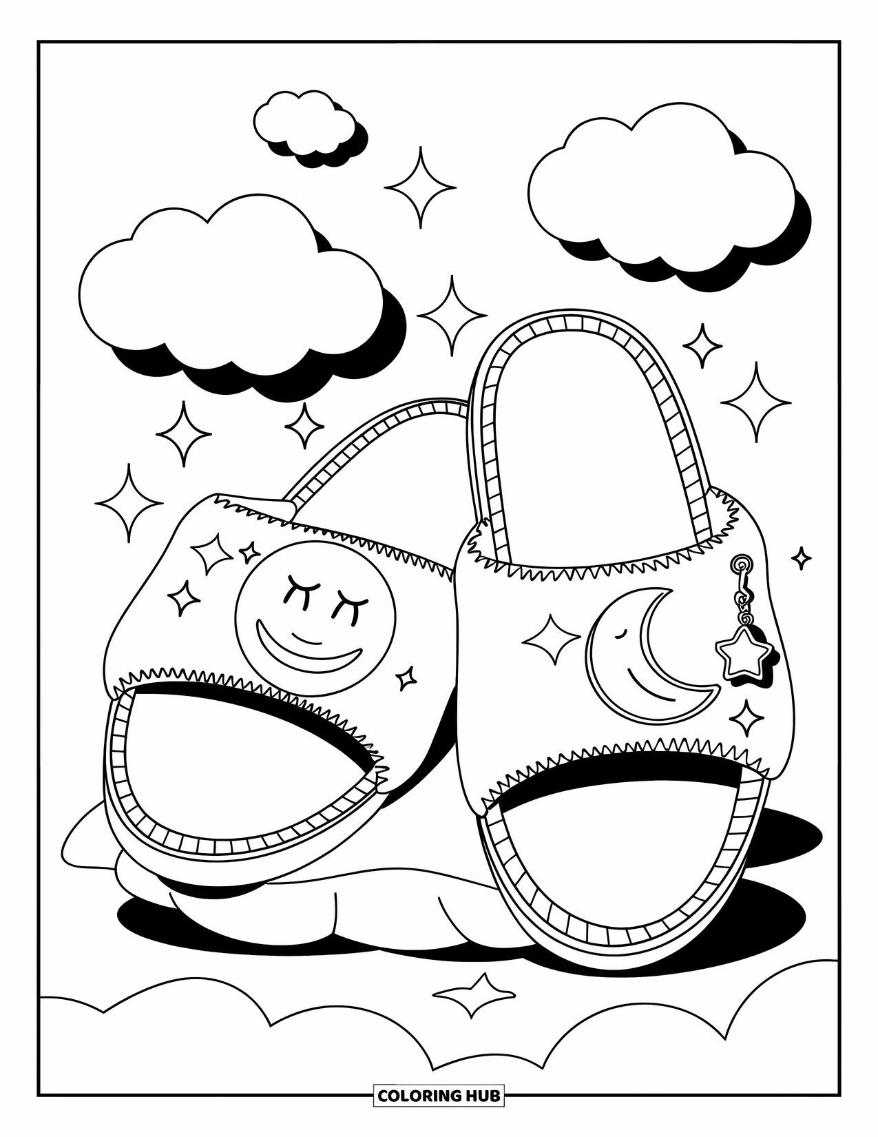 Shoe Coloring Page for Adults: Moon-themed slippers on a fluffy pillow, surrounded by dreamy clouds and tiny star charms