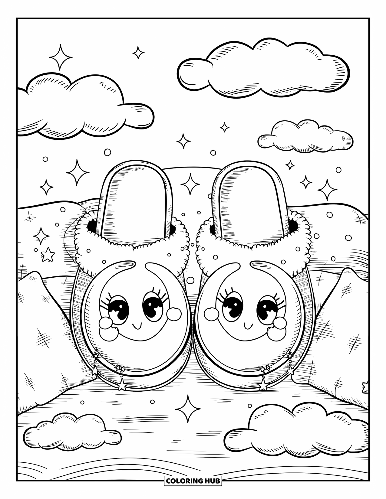 Shoe Coloring Page for Adults: Oversized slippers with a smiling moon, star charms, and dreamy clouds floating around them