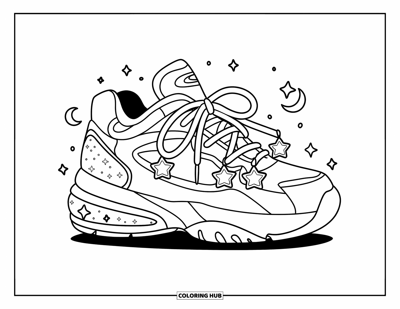 Shoe Coloring Page for Adults: Sneakers with star charms, a galaxy swirl pattern, and tiny floating moons surrounding them