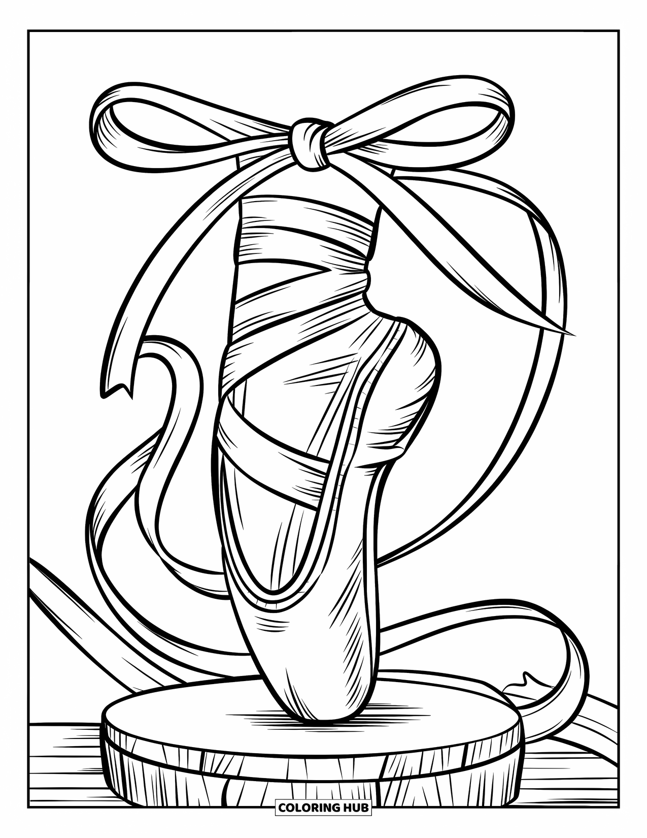 Shoe Coloring Page for Kids: A ballet slipper with a delicate bow is placed on a wooden block against a simple background