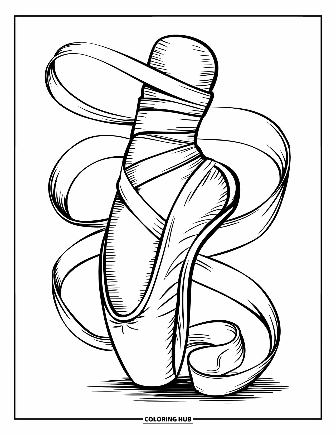 Shoe Coloring Page for Kids: A ballet slipper wrapped in delicate ribbons is dynamically posed as if mid-spin