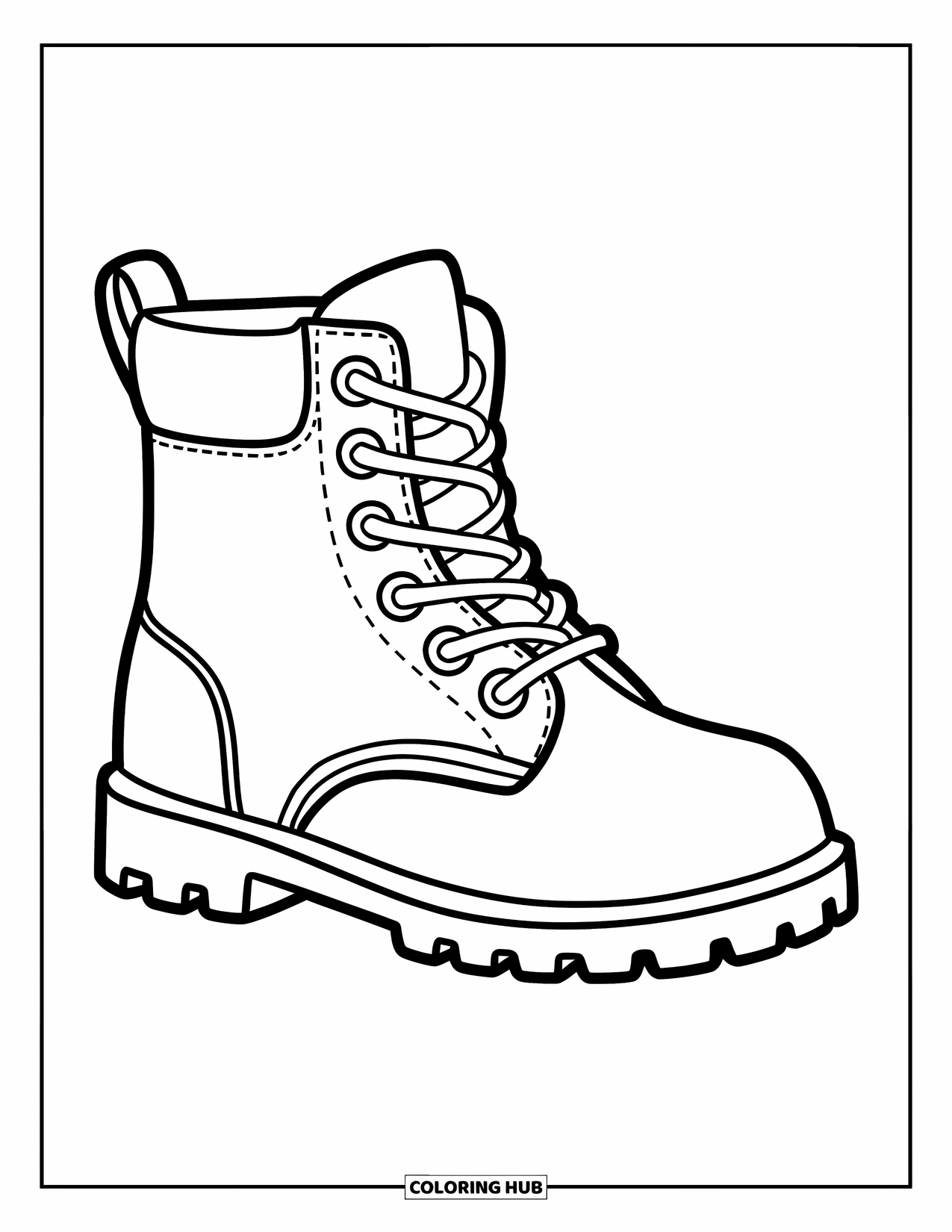 Shoe Coloring Page for Kids: A cartoon-style boot with large eyelets and a thick sole is designed with bold outlines for preschoolers