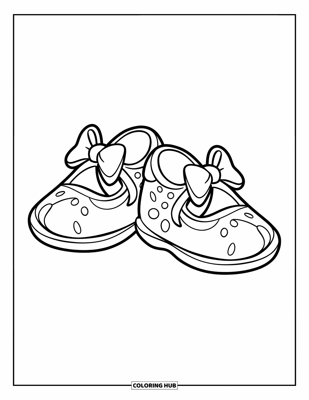 Shoe Coloring Page for Kids: A cheerful pair of rounded baby shoes with bows is designed with thick outlines for preschoolers