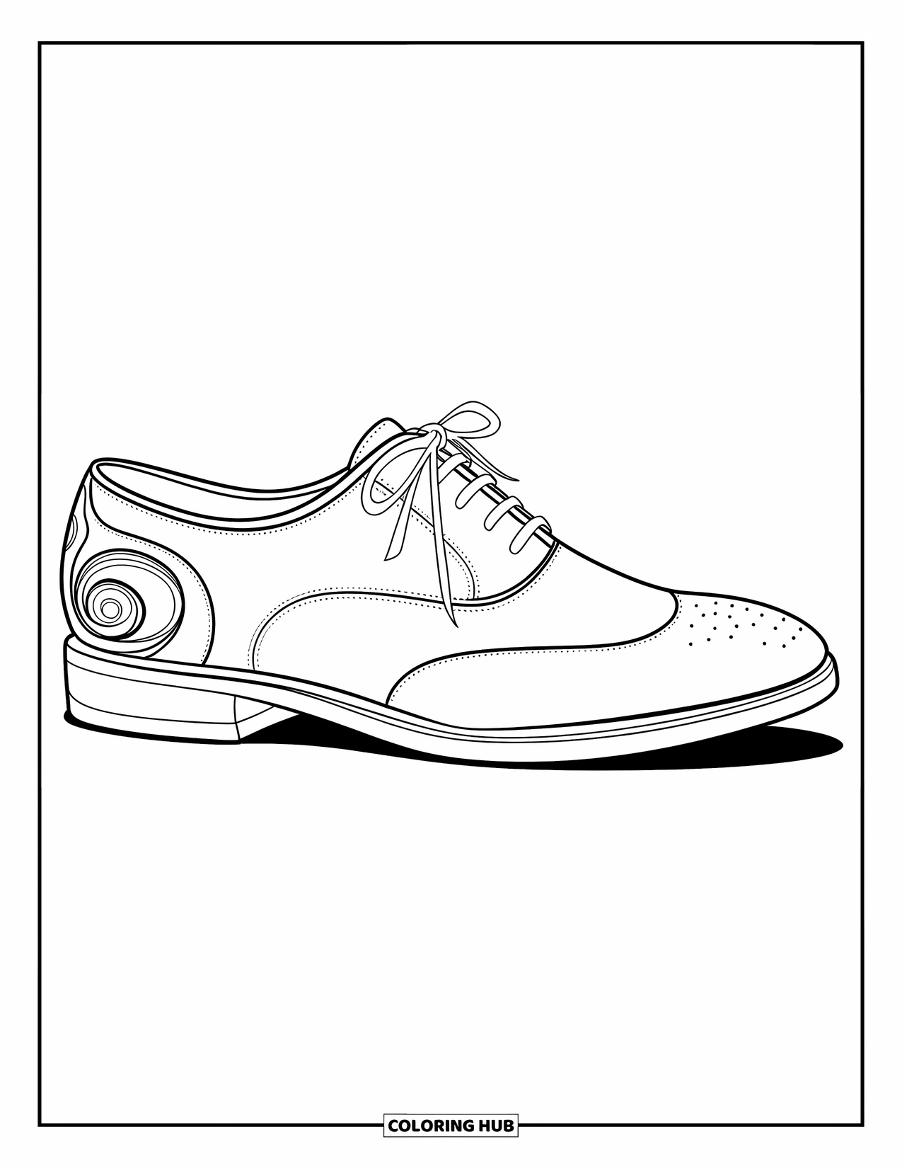 Shoe Coloring Page for Kids: A classic dress shoe with elegant curves, a bowtie detail, and artistic swirls sits on a white background