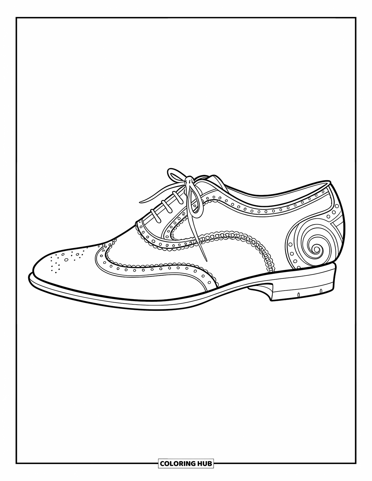 Shoe Coloring Page for Kids: A classic dress shoe with stylish curves and an elegant bowtie detail sits on a white background