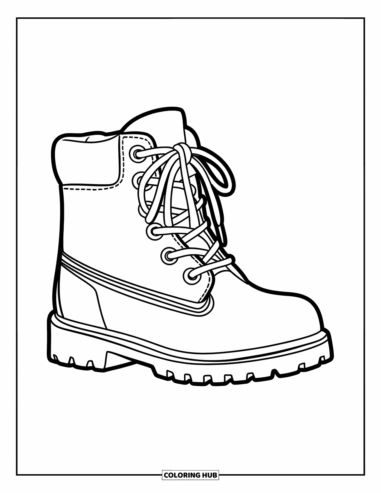 Shoe Coloring Page for Kids: A cute cartoon boot with a chunky sole, large eyelets, and thick laces sits on a white background