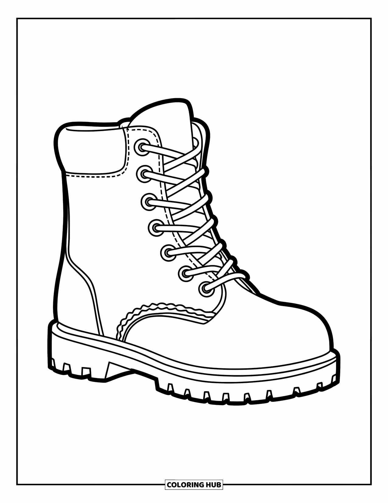 Shoe Coloring Page for Kids: A cute cartoon boot with a rounded, playful shape and an easy-to-color style is perfect for young artists