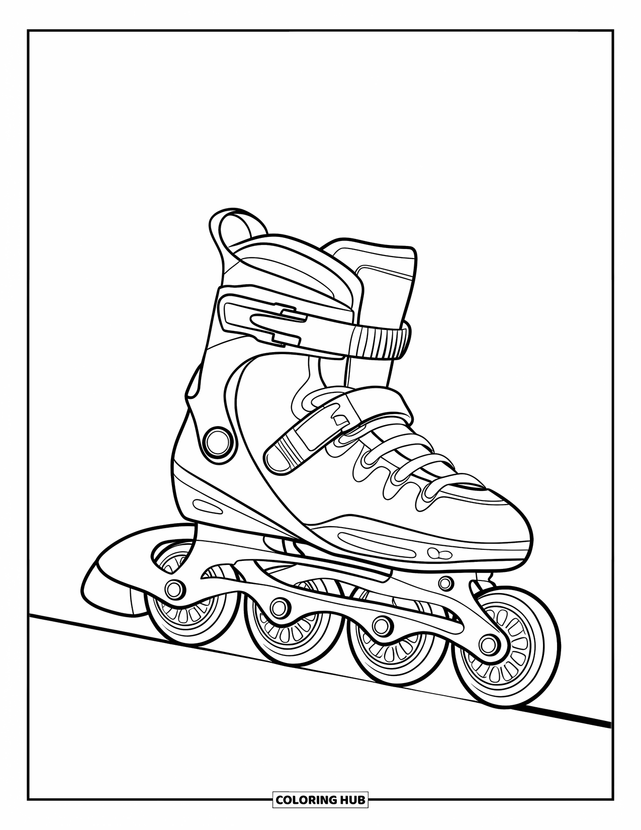 Shoe Coloring Page for Kids: A detailed rollerblade with bold outlines appears to glide across a clean, open background
