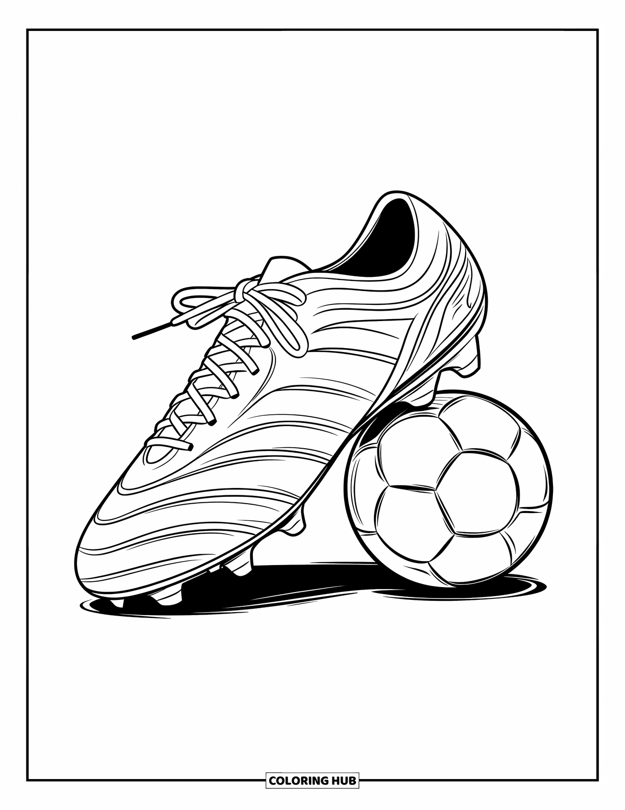Shoe Coloring Page for Kids: A detailed soccer cleat with studs and laces is set against a clean, white background