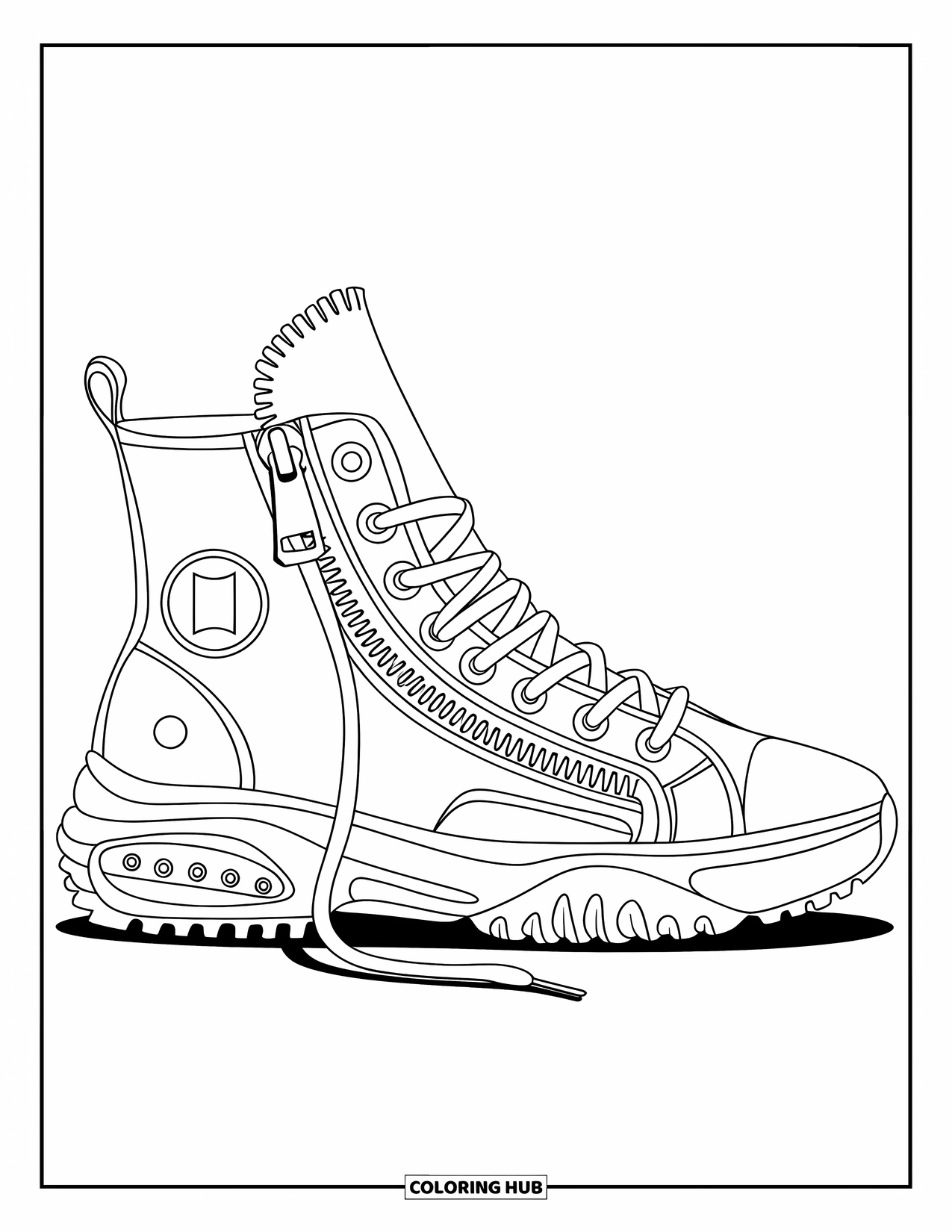 Shoe Coloring Page for Kids: A fashionable high-top sneaker with a sleek design and clean outlines is suitable for coloring