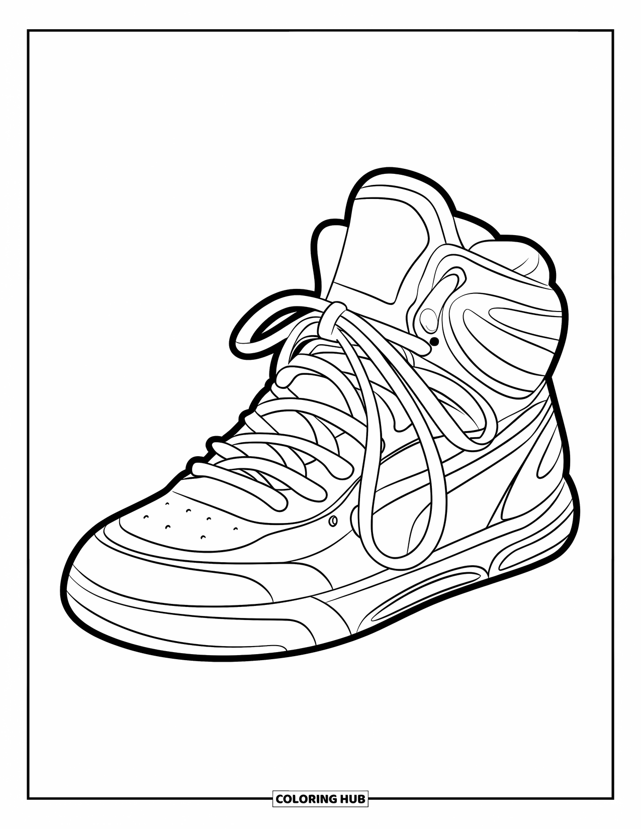 Shoe Coloring Page for Kids: A front-view sneaker with a sporty stripe and bold outlines makes for a great coloring page