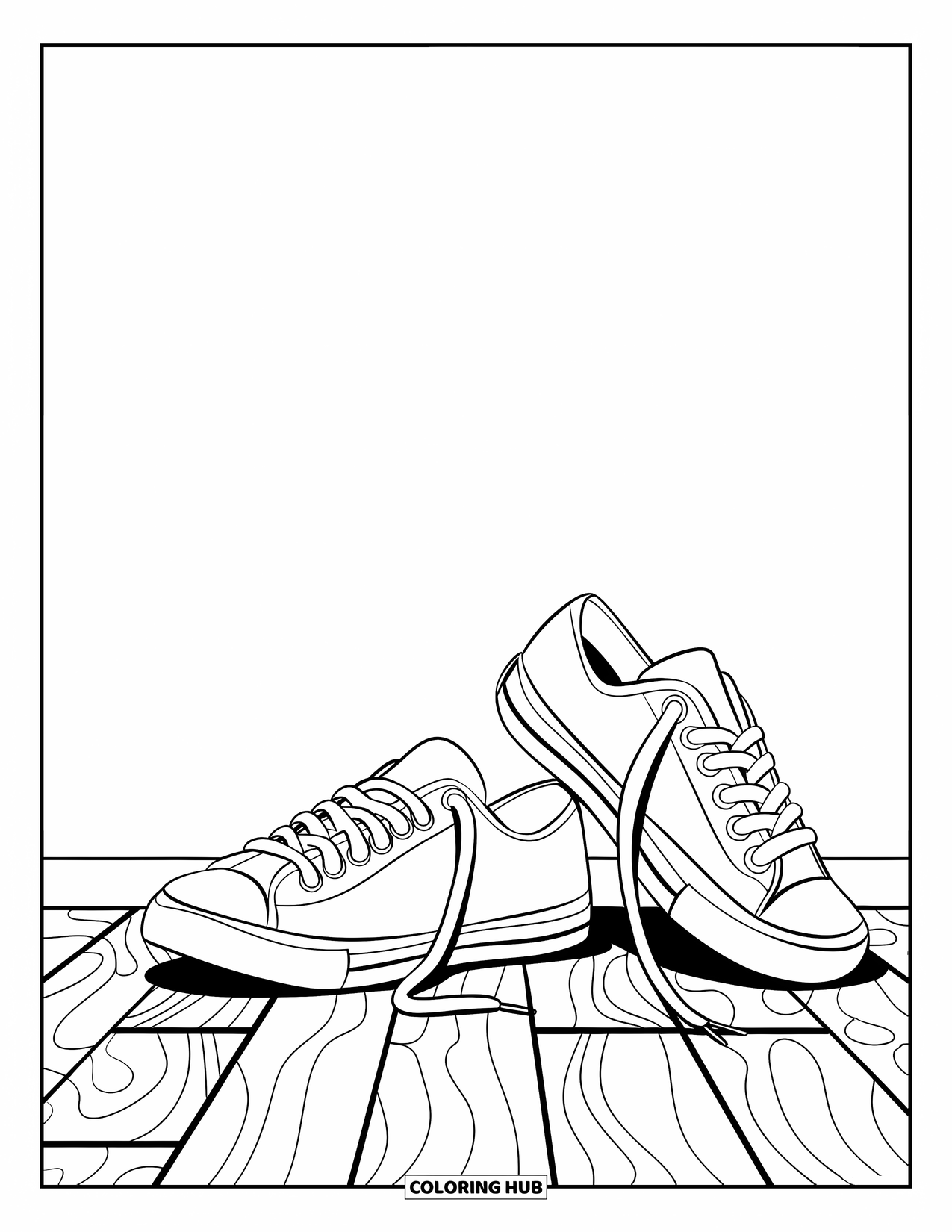 Shoe Coloring Page for Kids: A fun sneaker design with bold outlines sits on a wooden floor with a repetitive pattern