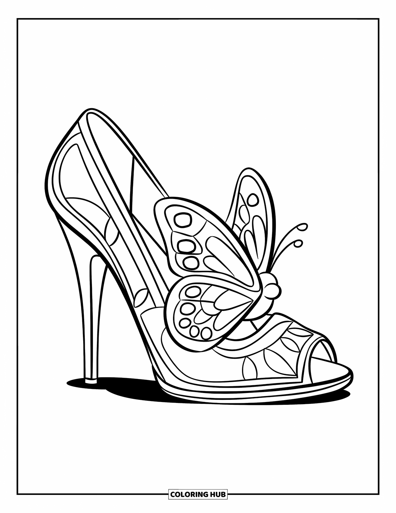 Shoe Coloring Page for Kids: A high-heeled shoe with a butterfly accent and a simple sole pattern is designed for easy coloring