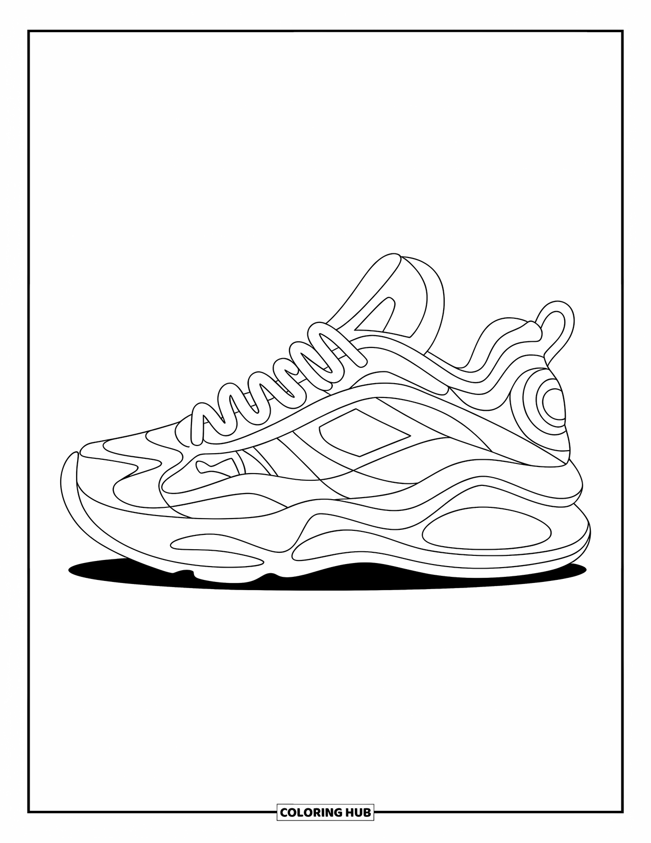 Shoe Coloring Page for Kids: A large, simple sneaker with thick outlines and minimal details is ready for an easy coloring session