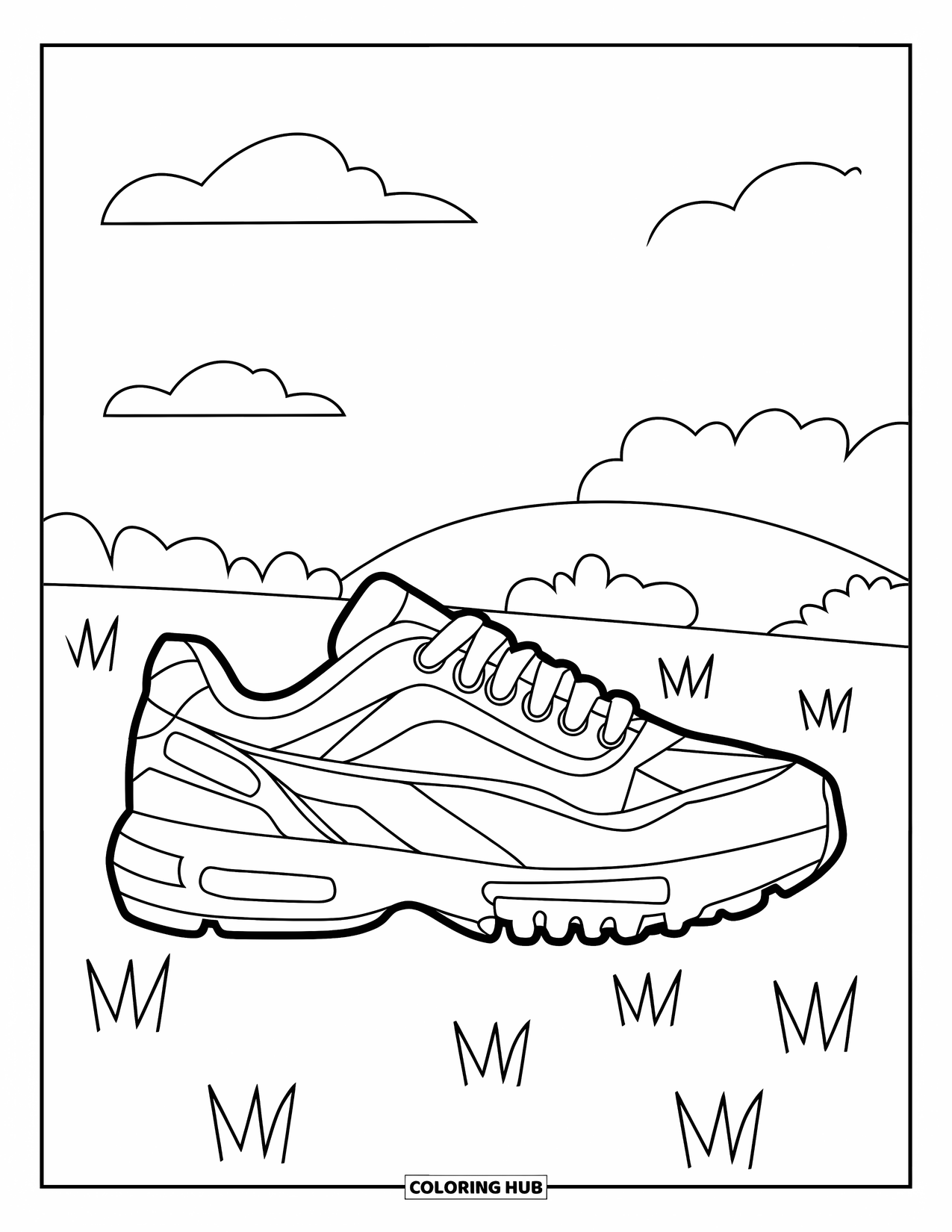 Shoe Coloring Page for Kids: A large sneaker with thick outlines and a few clouds in the sky provides a fun and creative coloring experience