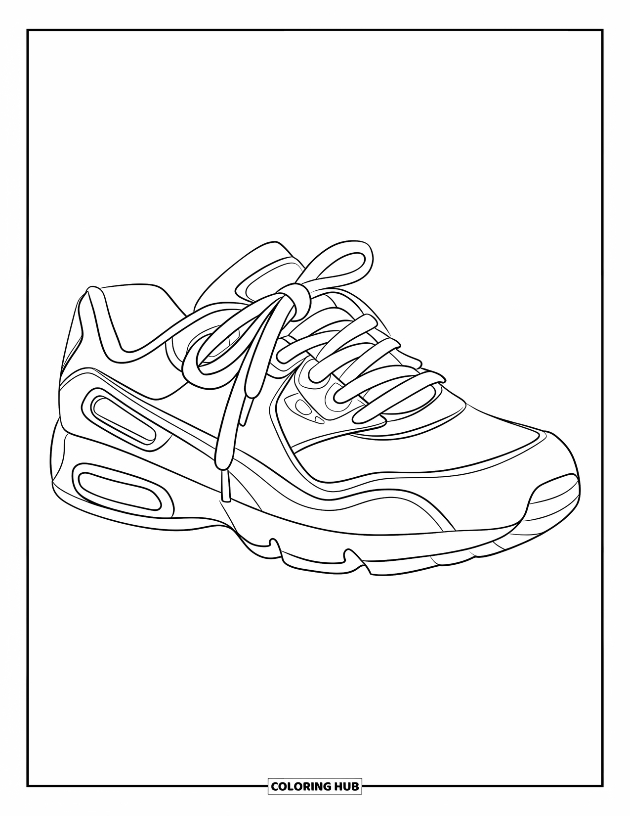 Shoe Coloring Page for Kids: A neatly laced sneaker with a simple design and a fun, engaging style is perfect for coloring
