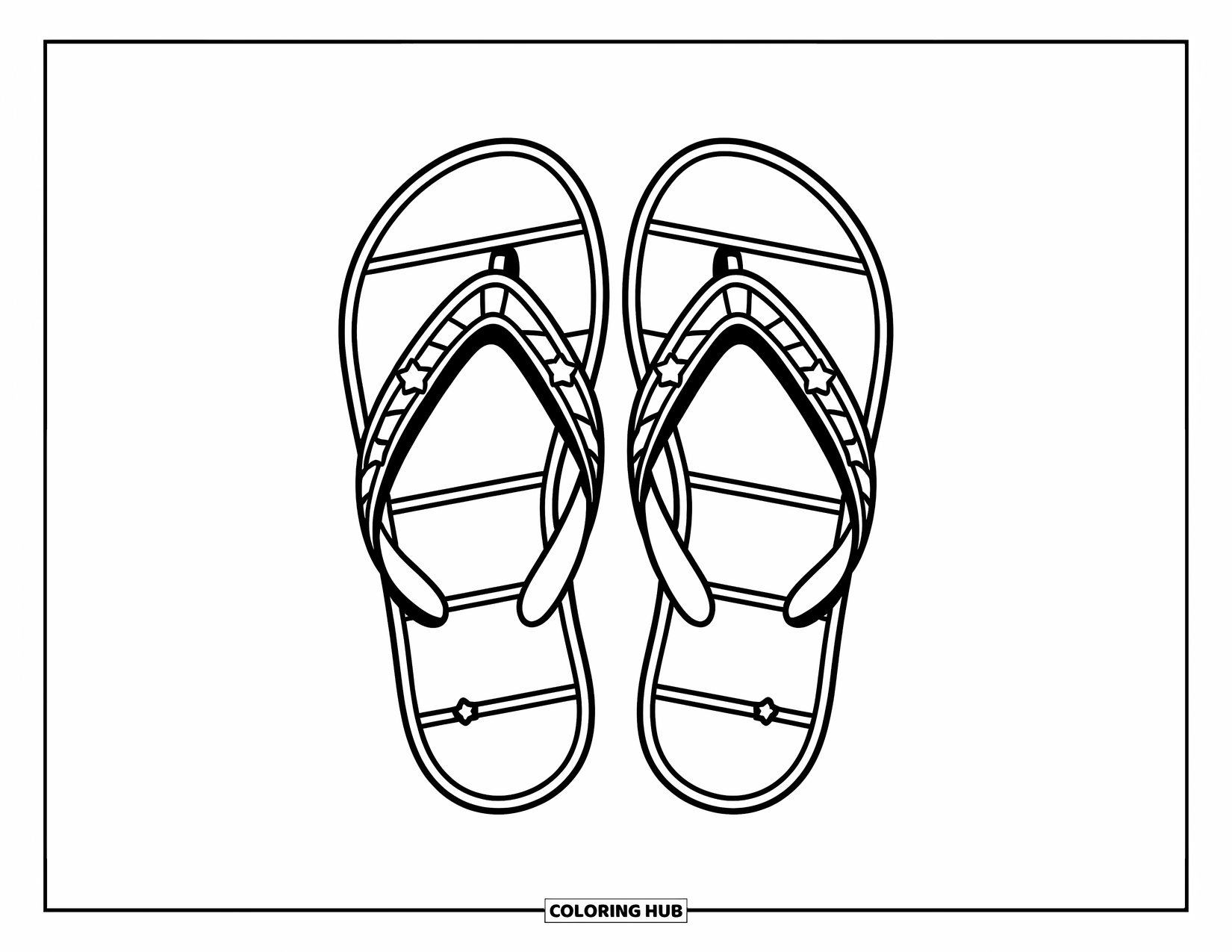 Shoe Coloring Page for Kids: A pair of flip-flops with a fun star detail is designed with large, easy-to-color sections