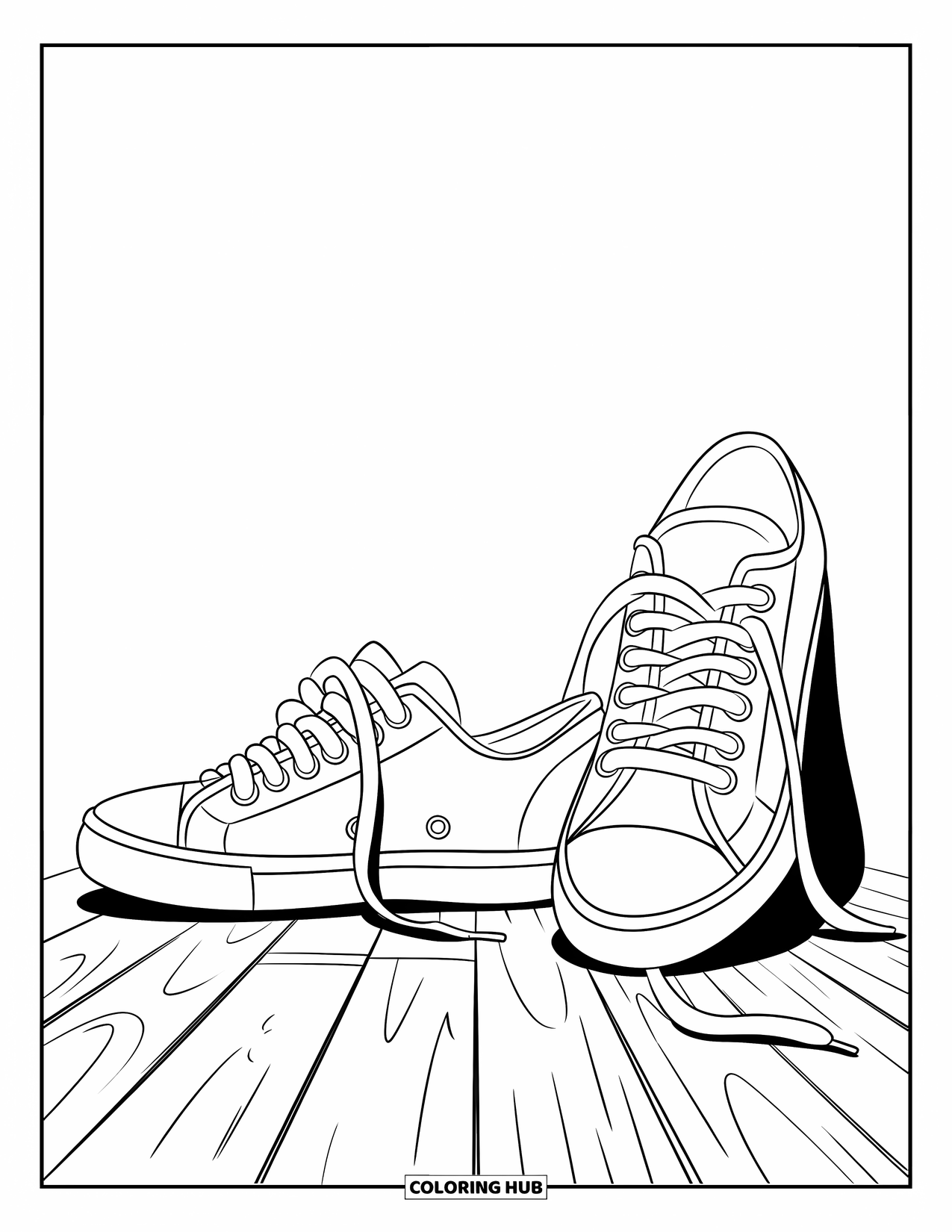 Shoe Coloring Page for Kids: A pair of sneakers, one untied and one tied, sit side by side on a wooden floor