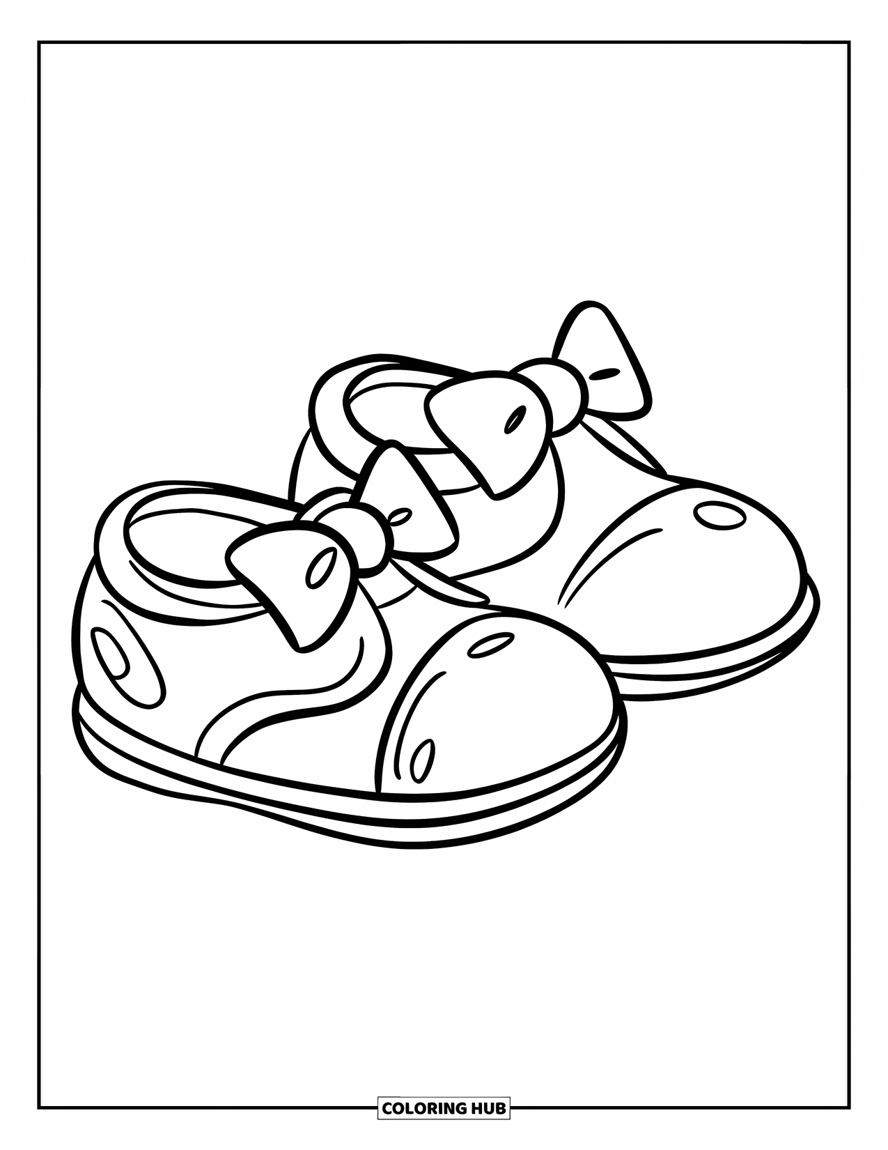 Shoe Coloring Page for Kids: A pair of tiny baby shoes with a rounded shape and a cute bow sits side by side on a white background